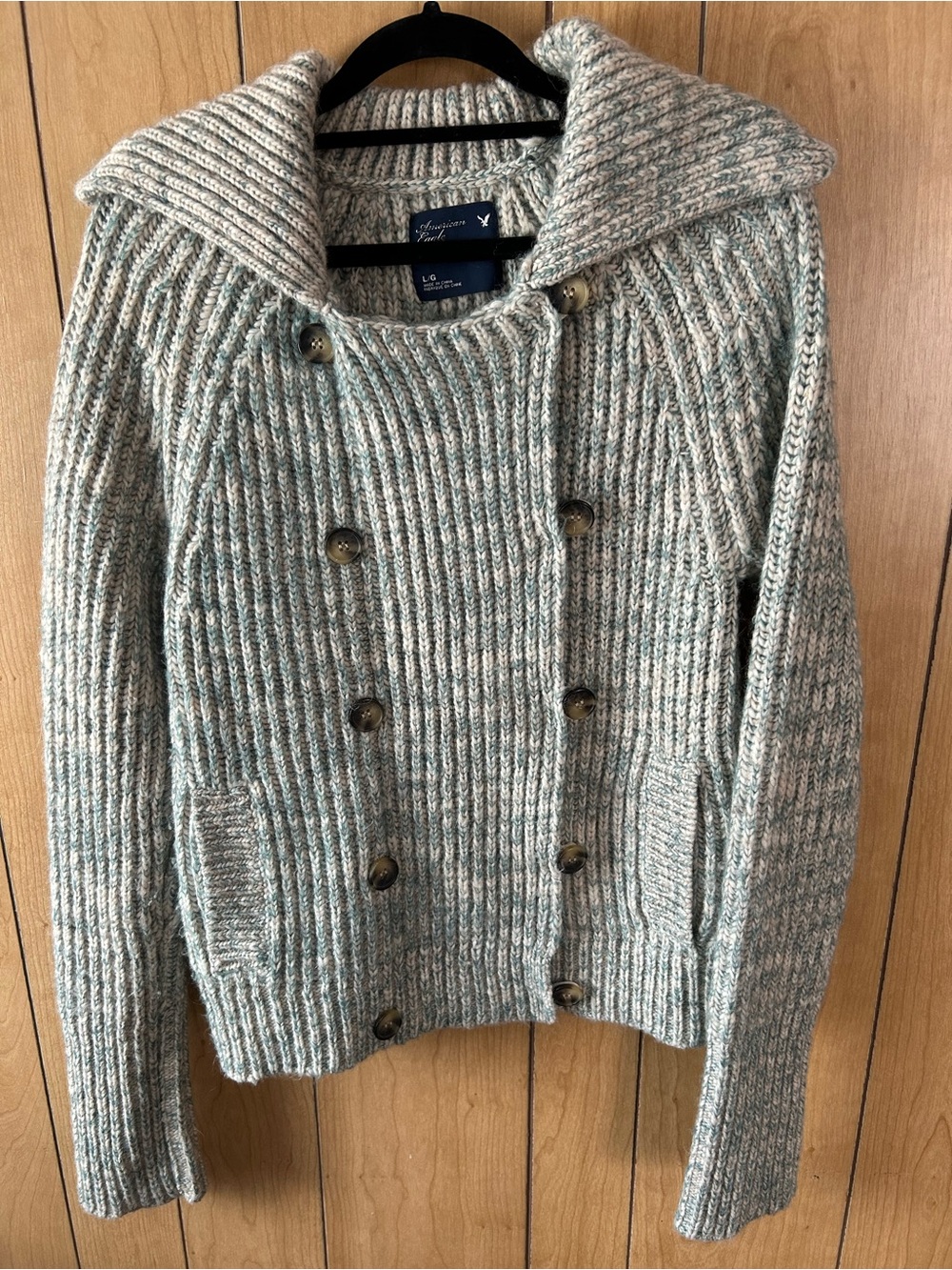 American Eagle Outfitters Marled Green and Cream Double-Breasted Ribbed Cardigan